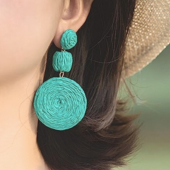 Chunky Turquoise Blue Raffia Earrings Wicker Bold Vacation Bohemian Beach New - Picture 3 of 7